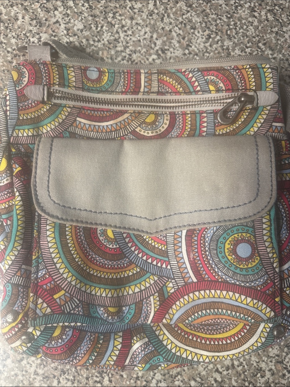 Women’s Neutral Canvas Crossbody Bag with Multicolor Geometric Print